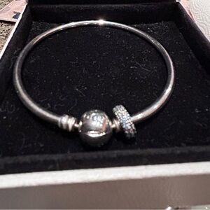 Pandora Silver Bangle Bracelet with Pavé Spacer Charm - Silver